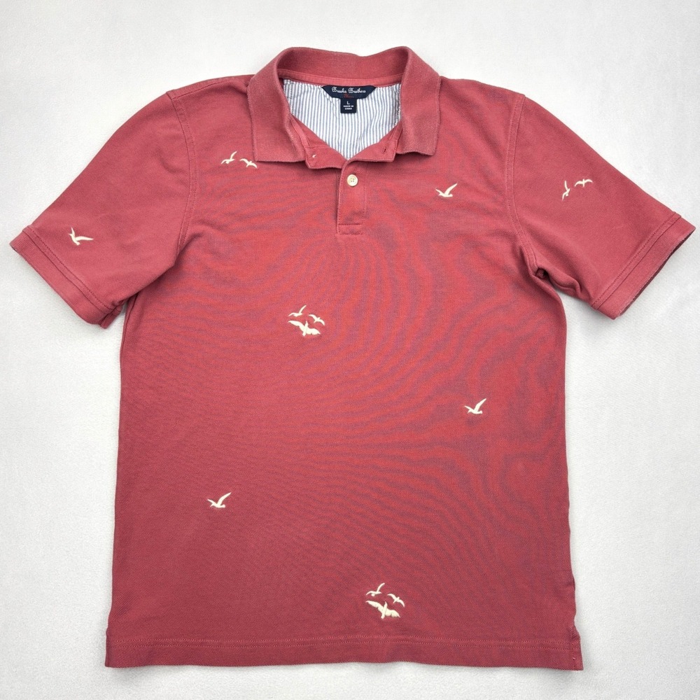 Brooks Brothers Boys Large Pique Polo Shirt Red Embroidered Birds Short Sleeve